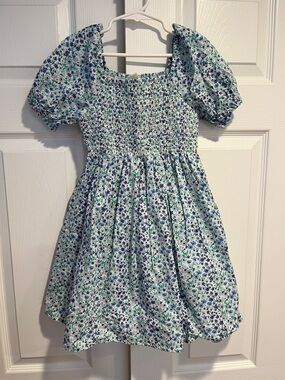 Crewcuts Blue & Green Floral Smocked Puff-Sleeve Dress
